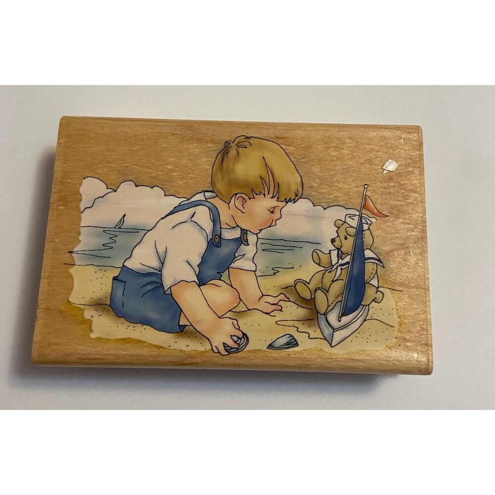 Inkadinkado Nancy Cole Wooden Rubber Stamp Boy Beach Sand Sailboat Teddy